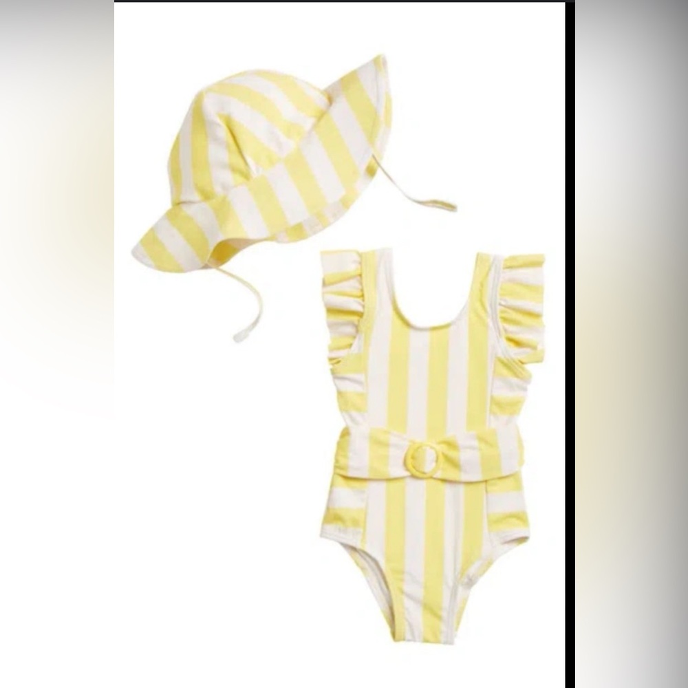 Yellow and White Striped Baby Swimsuit with Hat